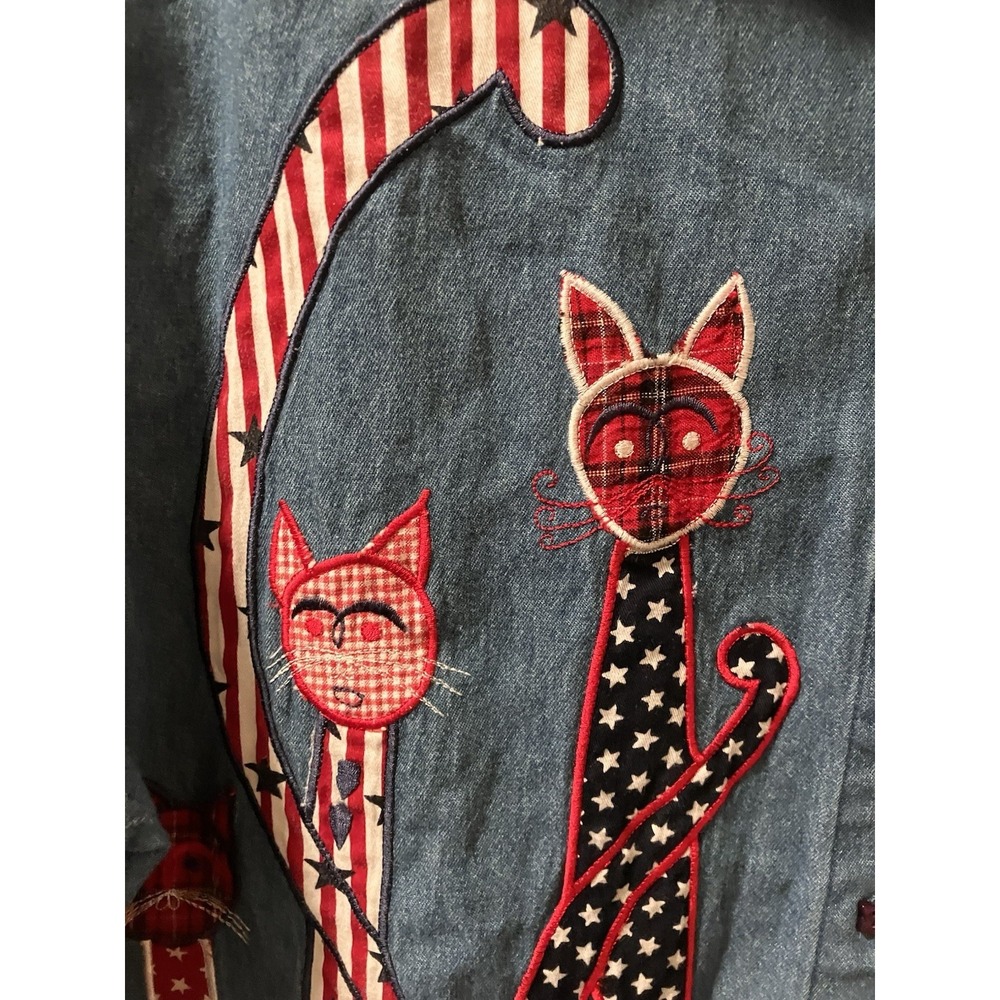 Tantrums Denim Shirt Cats Patriotic 4th Of July Stars Stripes Sz 2X Unique‎ - Picture 4 of 8